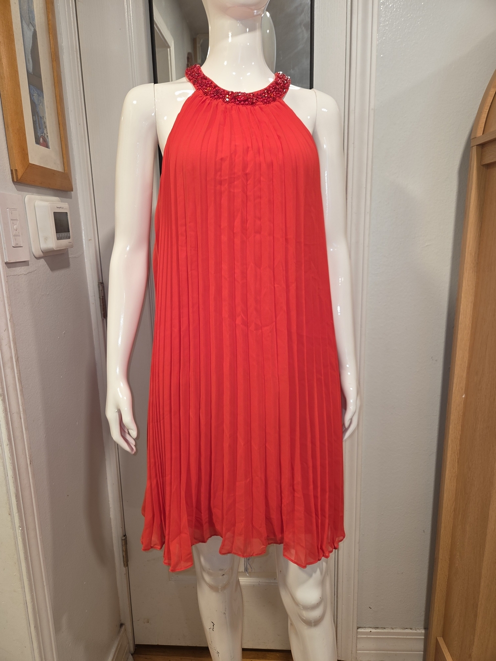 Adrianna Papell Beaded Halter Pleated Chiffon Dress in Red